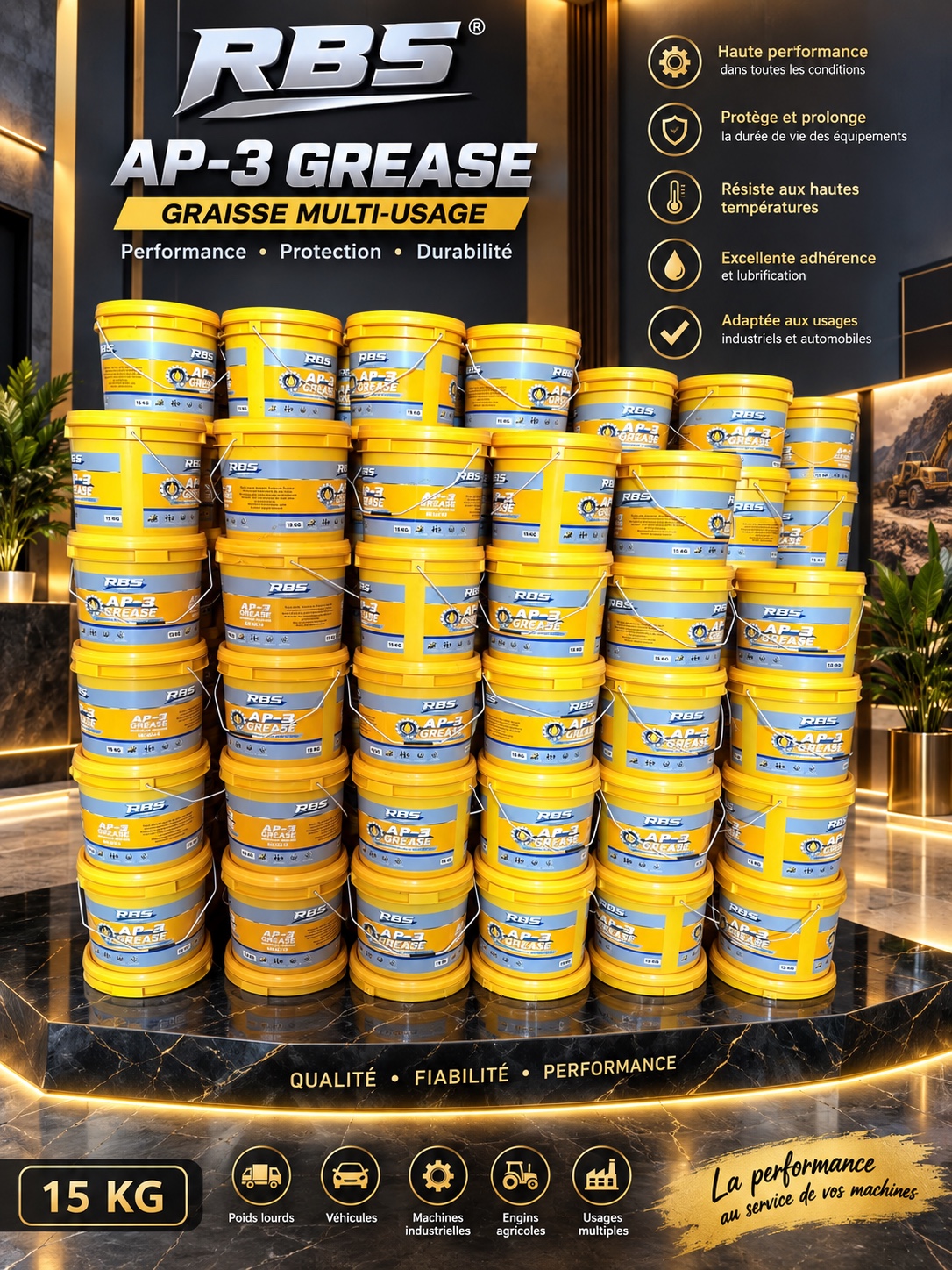 Seaux de graisse RBS AP-3 présentés dans un showroom