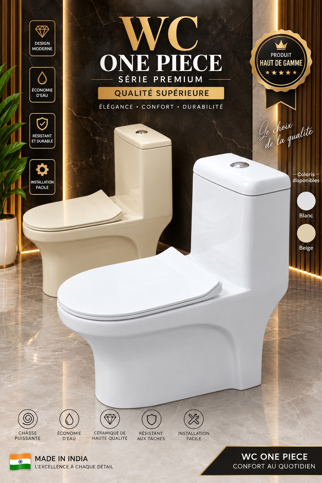 WC One Piece Premium — Blanc & Beige